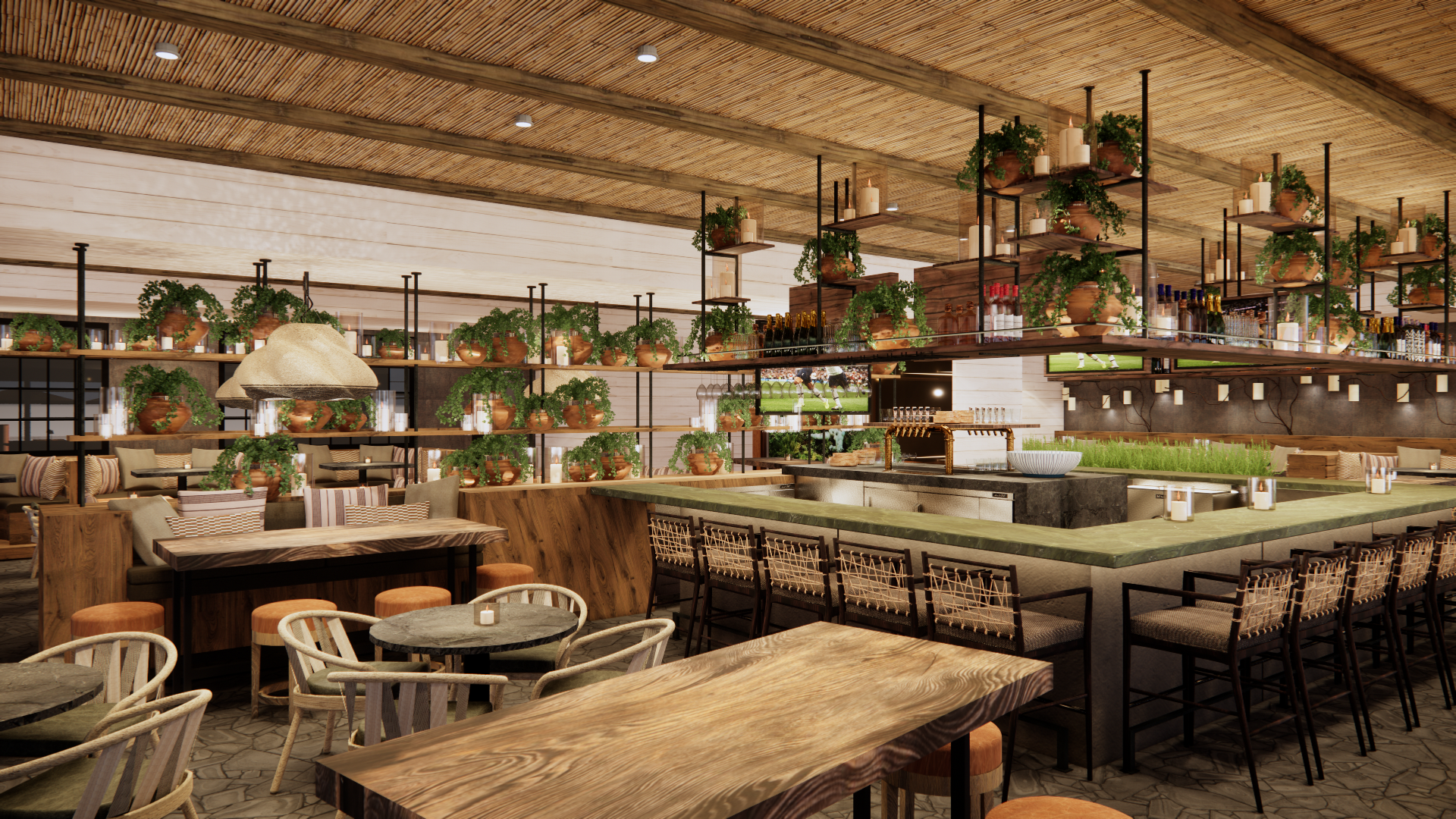 Spacious restaurant interior featuring wooden tables, woven chairs, and a large bar with a green countertop. Shelves filled with terracotta pots of greenery and candles hang throughout the space, creating a warm, natural atmosphere under a wooden plank ceiling.