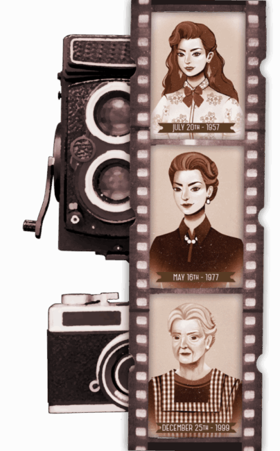 Film strip with three illustrated portraits of the same woman at different ages, beside two vintage cameras.